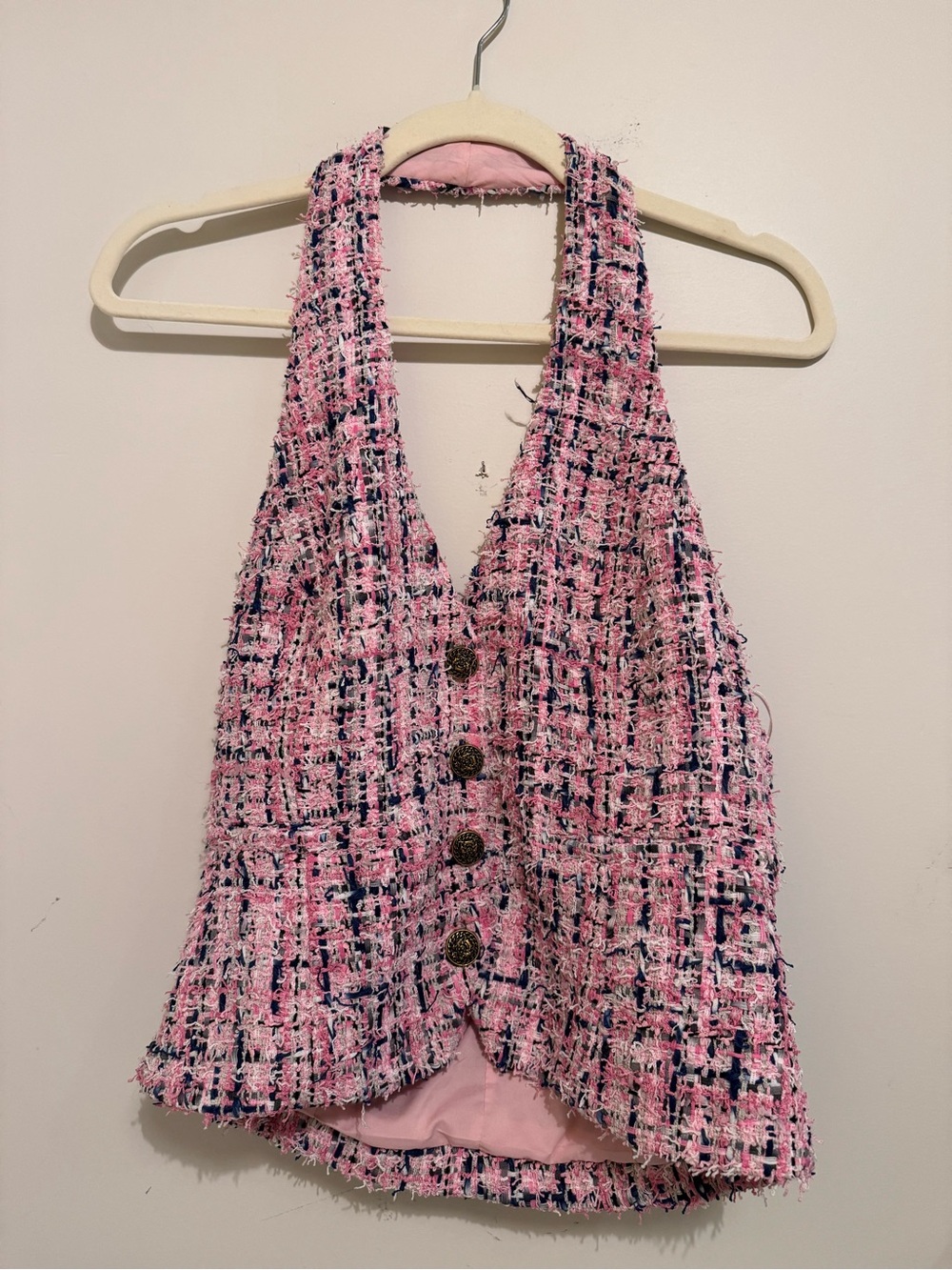 Aqua Pink Tweed Halter Vest with Navy & White Accents and Brass Buttons